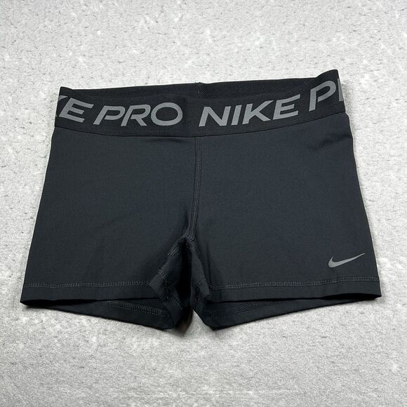Nike Pro Shorts Women M Black 3" Dri-Fit Running Shorties Tight Fit Logo Waist - Picture 1 of 13